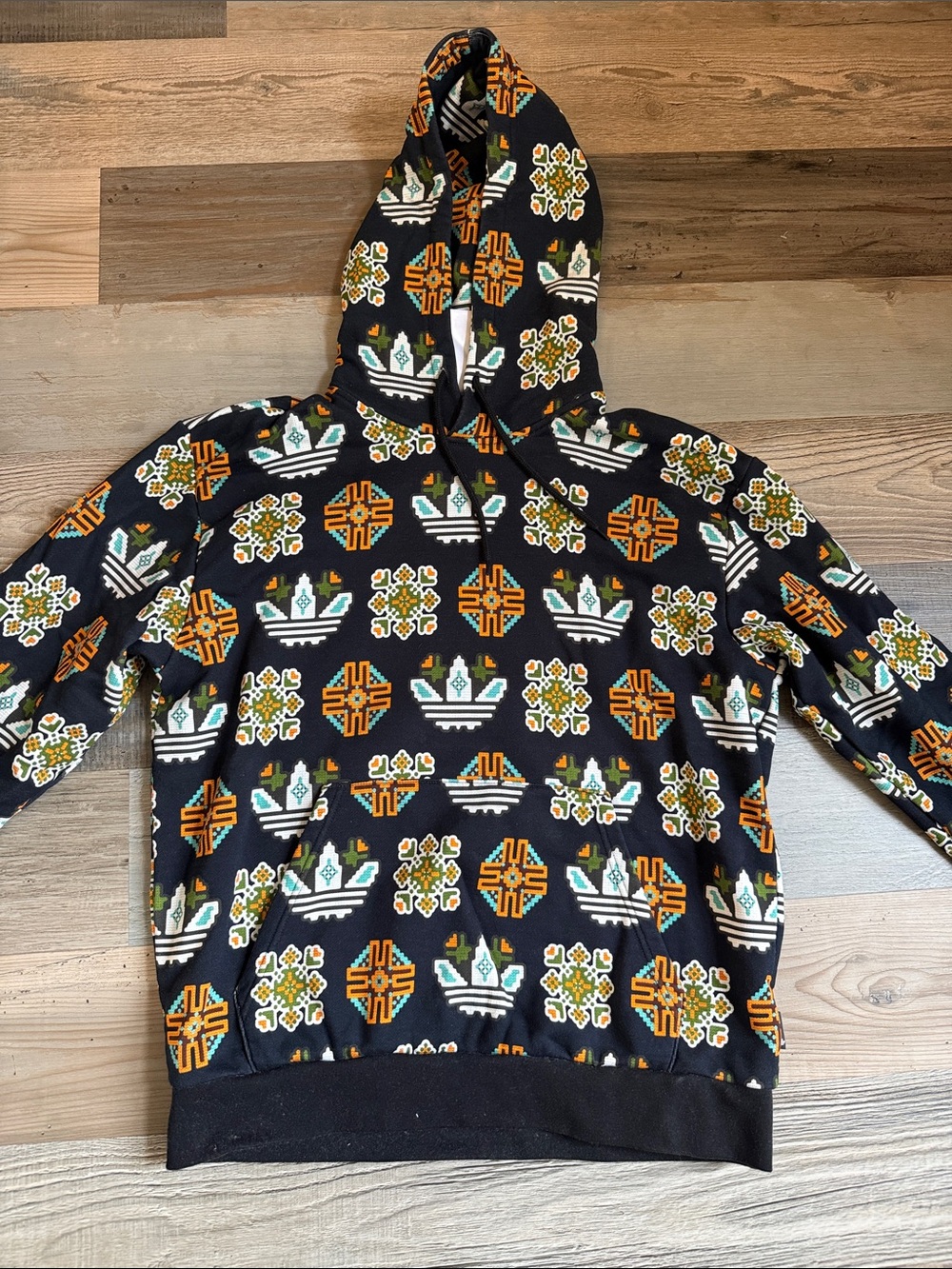 adidas Black Hoodie with Orange, White & Green Patterned Print